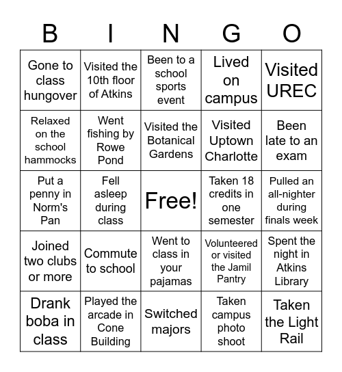 UNCC College Life Bingo Card