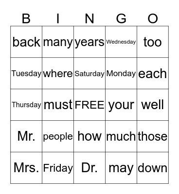 First 1 Bingo Card