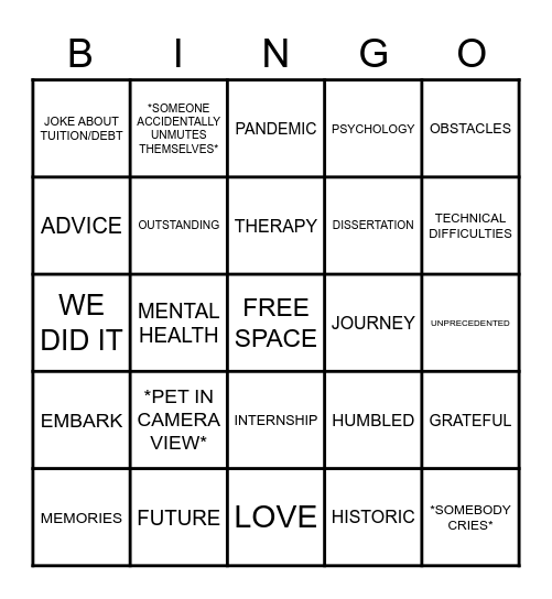 Remote Psychology Graduation Bingo Card