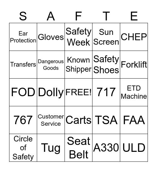 Cargo Safety Week Bingo Card