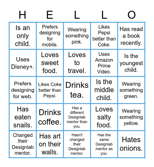Let's get to know one another! Bingo Card