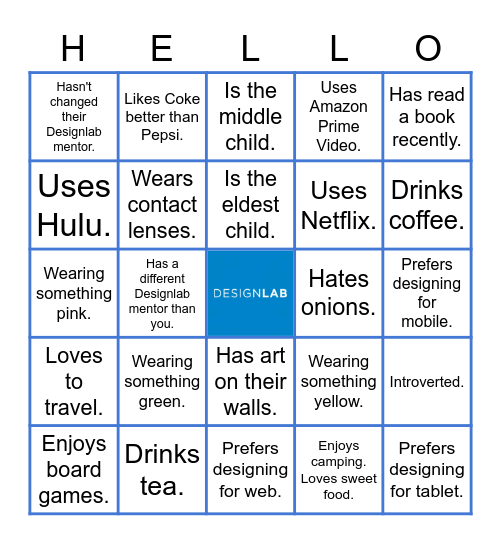 Let's get to know one another! Bingo Card