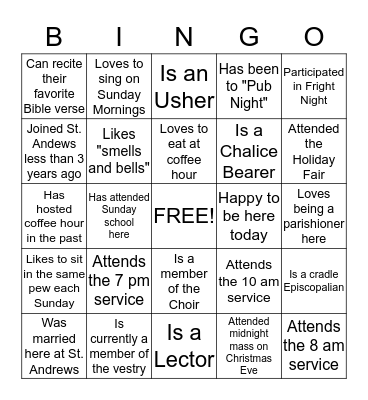 St. Andrew's Parishioners Bingo Card