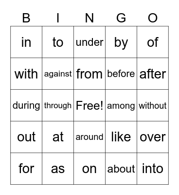 25 Most Common Prepositions Single Words Bingo Card