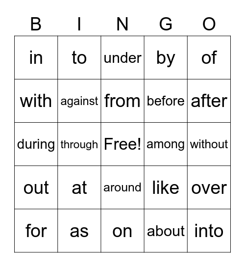25 Most Common Prepositions Single Words Bingo Card