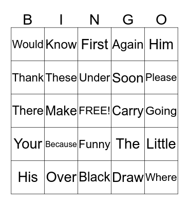 Sight Words Bingo Card
