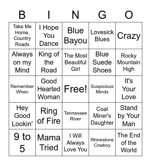 Country Songs 1 Bingo Card