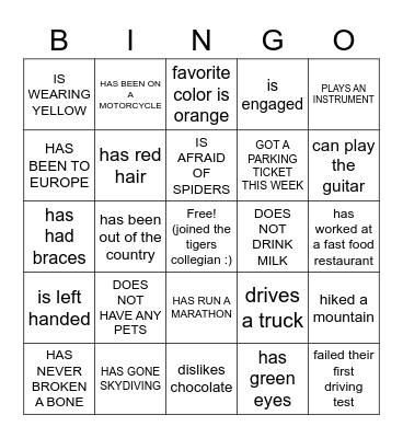 Getting to Know the Tigers Bingo Card