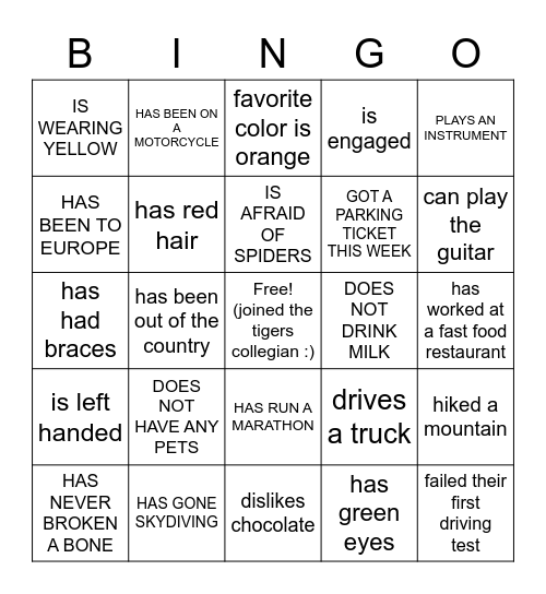 Getting to Know the Tigers Bingo Card