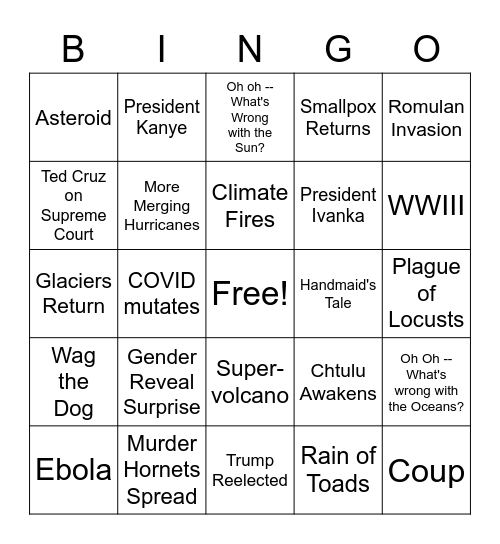 Apocalypse Bingo 2020 Bingo Card