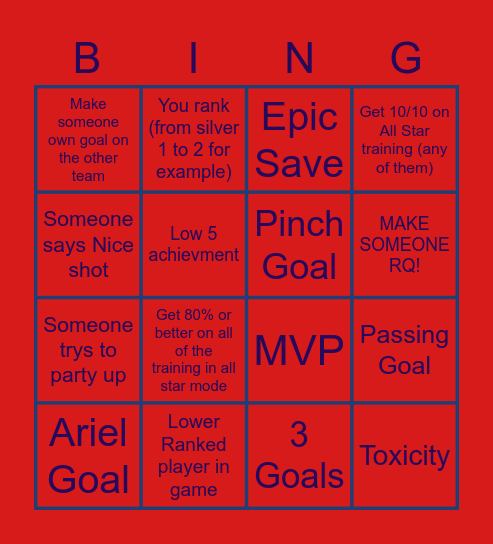 Rocket League challenge Bingo Card