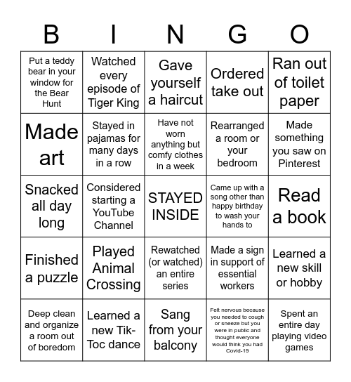 Social Distancing Bingo Card