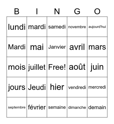Les Jours et Les Mois Bingo Card