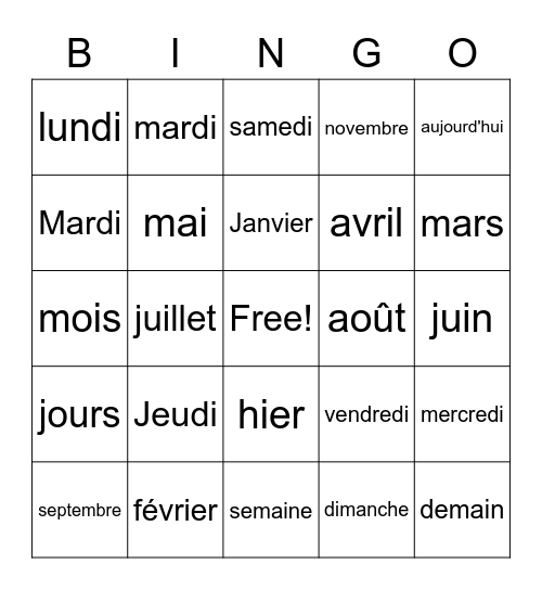 Les Jours et Les Mois Bingo Card