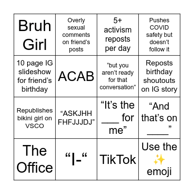 Wh*te Girl Bingo Card