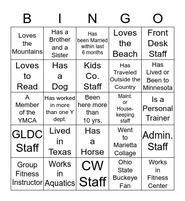 YMCA Get to Know Staff Bingo Card