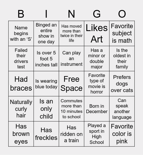 Get to Know me Bingo Card