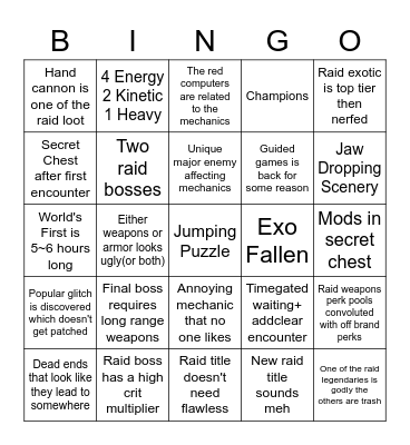 Deep Stone Crypt Raid Bingo Card