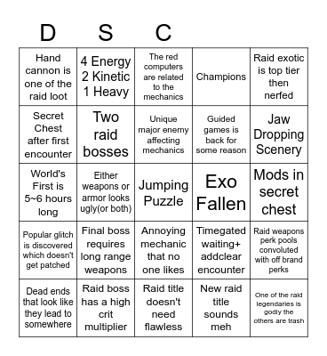 Deep Stone Crypt Raid Bingo Card