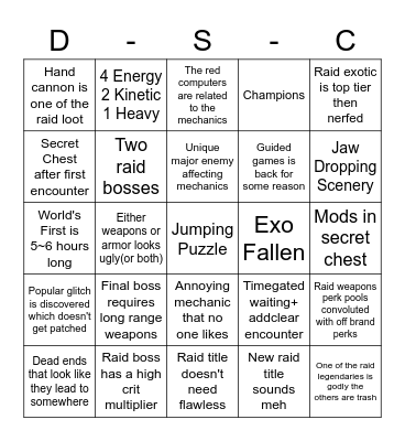 Deep Stone Crypt Raid Bingo Card