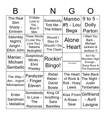 Rockin' Bingo (9A) Bingo Card