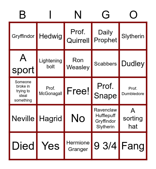 Harry Potter Chapter Review Bingo Card