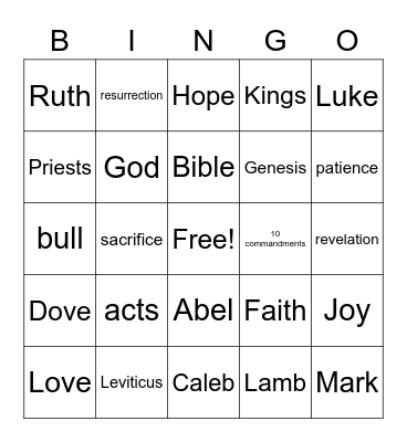 Sunday school games Bingo Card