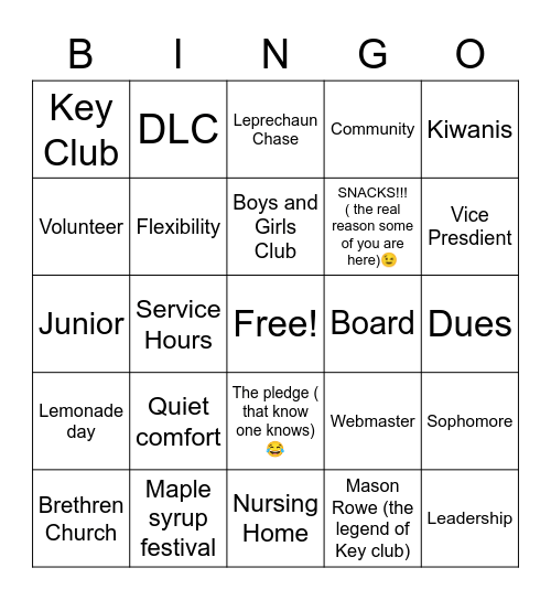 KEY CLUB BINGO!!!!! Bingo Card