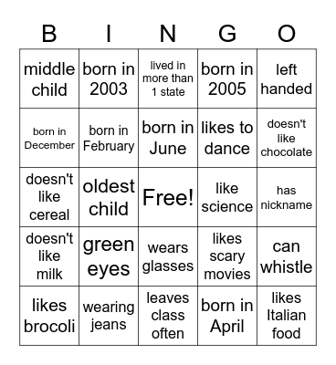 About You Bingo Card