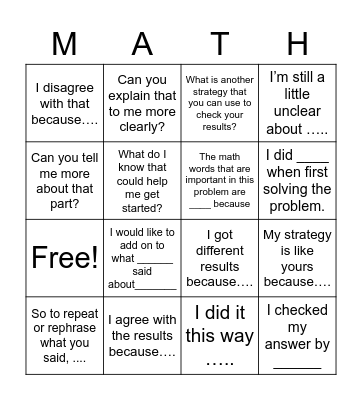 Using Talk Moves to work out maths problems Bingo Card