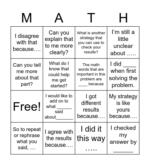 Using Talk Moves to work out maths problems Bingo Card
