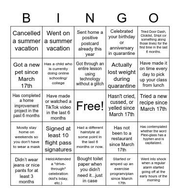 Quarantine/Back-to-School Bingo Card