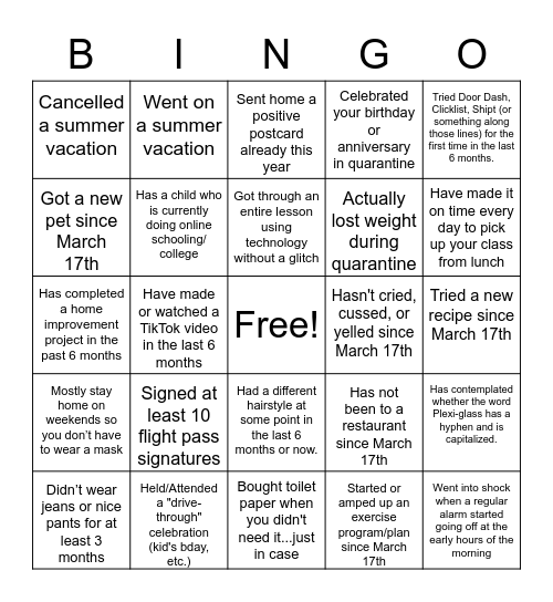 Quarantine/Back-to-School Bingo Card