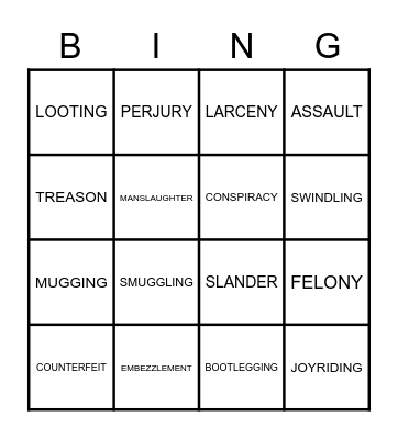 CRIMES VOCABULARY Bingo Card