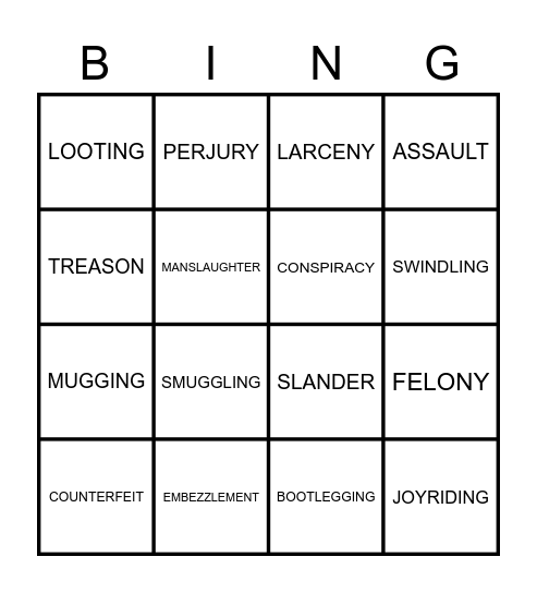CRIMES VOCABULARY Bingo Card