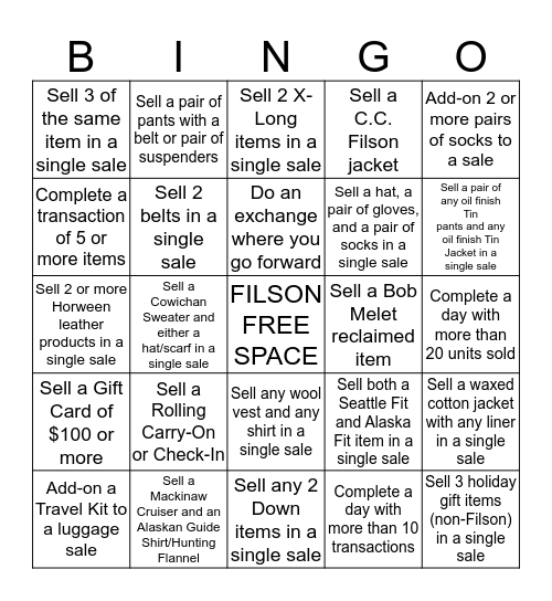 Filson Holiday Bingo Card