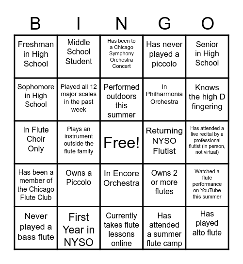 NYSO FLUTE BINGO Card