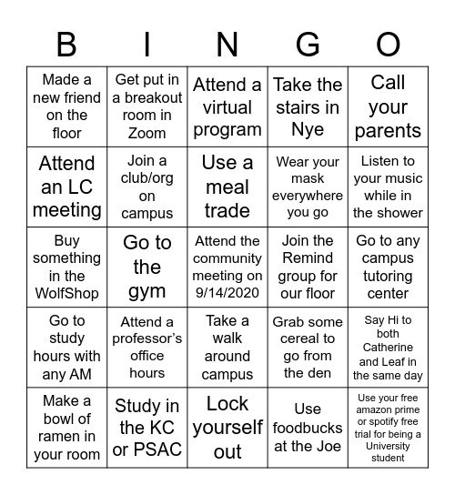 Welcome to UNR Bingo Card