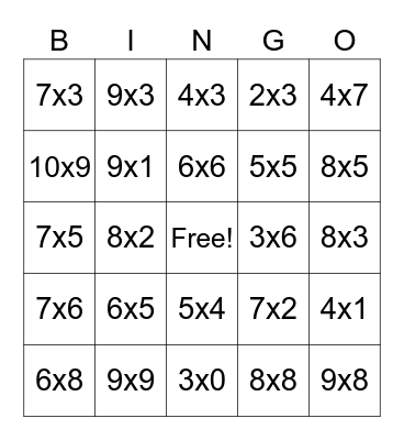 Multiplication Bingo Card