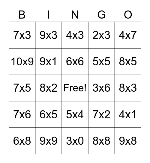 Multiplication Bingo Card