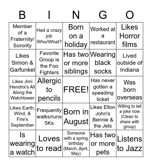 Getting to Know You Bingo #2 Bingo Card