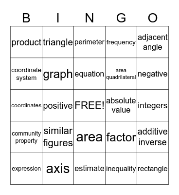 MATH VOCABULARY Bingo Card