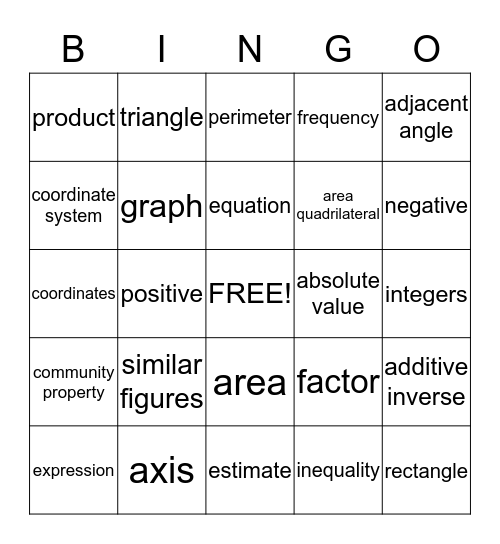 MATH VOCABULARY Bingo Card