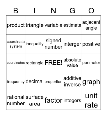 MATH VOCABULARY Bingo Card
