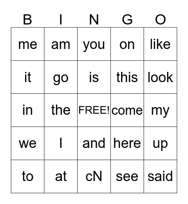 Sight Words Bingo Card