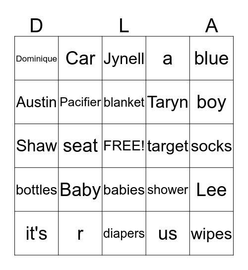 Taryn's Baby Bingo Game Bingo Card