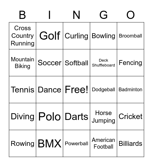 Sports Bingo Card