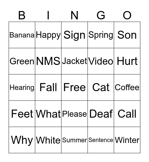 American Sign Language Bingo Card