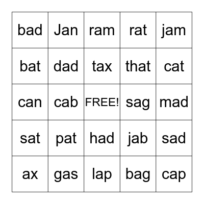 Short a Bingo Card