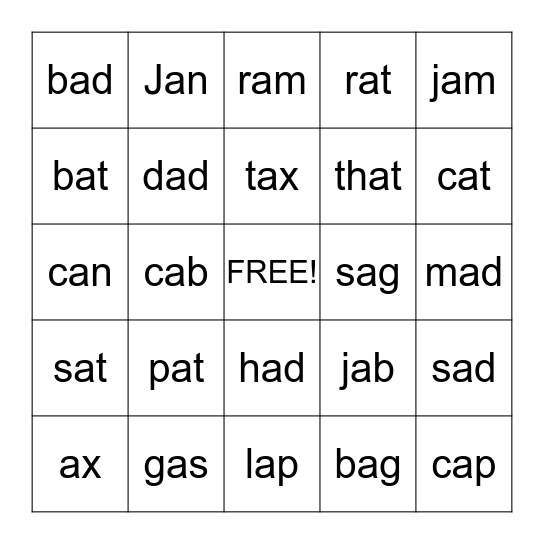 Short a Bingo Card